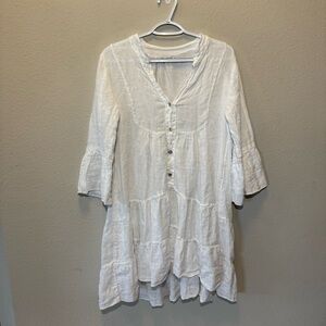 Womens White 100% Linen Bohemian Dress